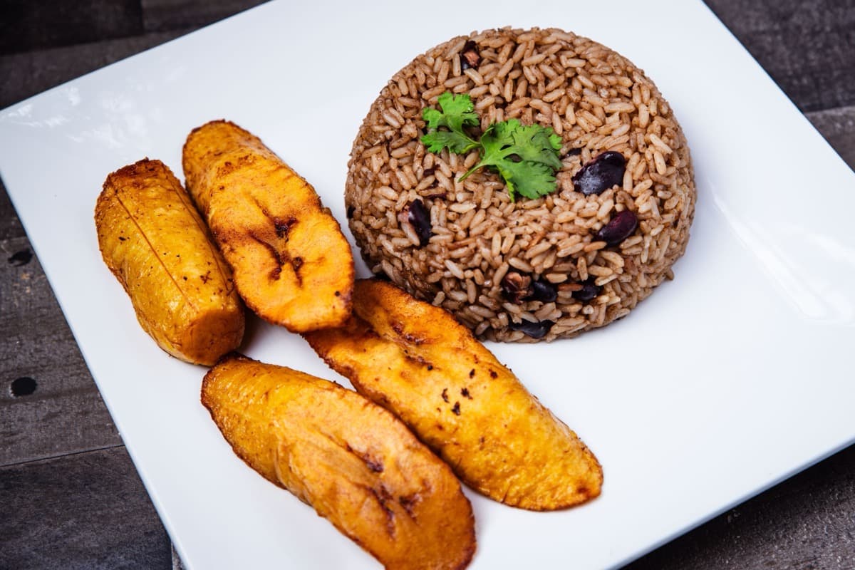 White Rice & Beans with Plantain & Assorted Meat Stew